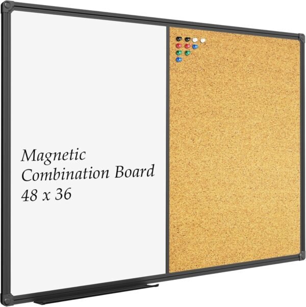 board Magnetic Combination Board 48 x 36, Whiteboard and Cork Bulletin Board, Black Aluminum Frame, Wall Mounted for Office Home and School with 10 Push Pins