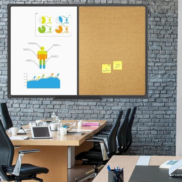 board12 Magnetic Combination Board 48 x 36, Whiteboard and Cork Bulletin Board, Black Aluminum Frame, Wall Mounted for Office Home and School with 10 Push Pins