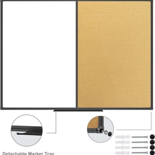 Magnetic Combination Board 48 x 36, Whiteboard and Cork Bulletin Board, Black Aluminum Frame, Wall Mounted for Office Home and School with 10 Push Pins