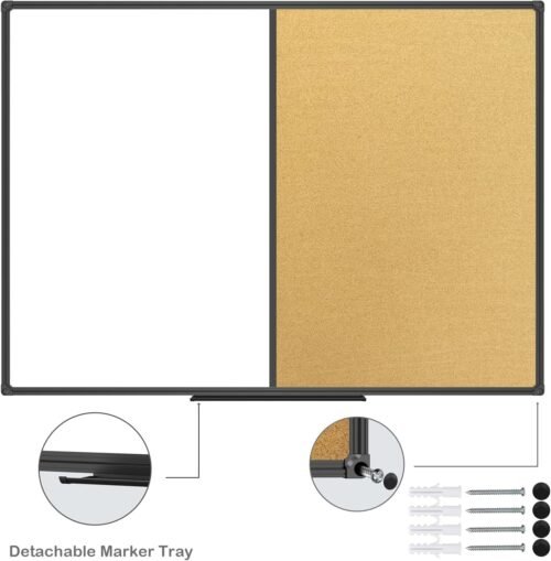 Magnetic Combination Board 48 x 36, Whiteboard and Cork Bulletin Board, Black Aluminum Frame, Wall Mounted for Office Home and School with 10 Push Pins