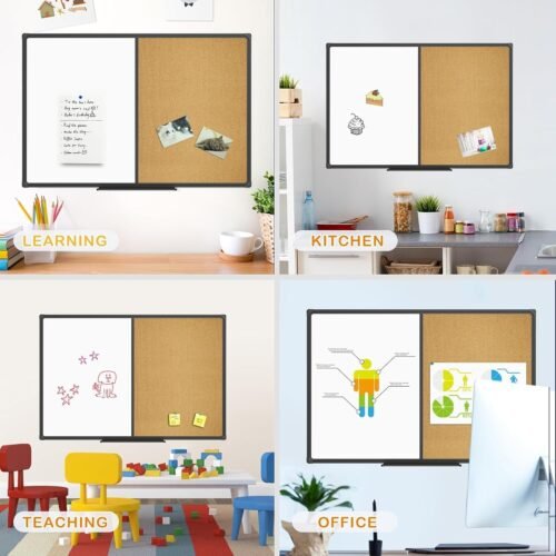 Magnetic Combination Board 48 x 36, Whiteboard and Cork Bulletin Board, Black Aluminum Frame, Wall Mounted for Office Home and School with 10 Push Pins