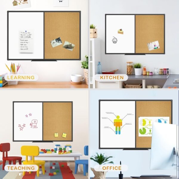 board14 Magnetic Combination Board 48 x 36, Whiteboard and Cork Bulletin Board, Black Aluminum Frame, Wall Mounted for Office Home and School with 10 Push Pins