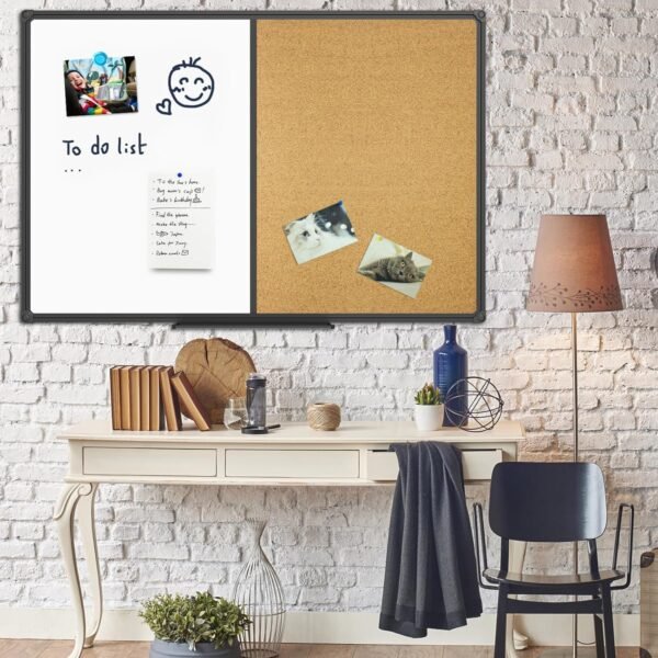 board15 Magnetic Combination Board 48 x 36, Whiteboard and Cork Bulletin Board, Black Aluminum Frame, Wall Mounted for Office Home and School with 10 Push Pins