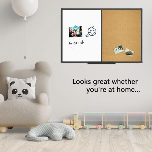 Magnetic Combination Board 48 x 36, Whiteboard and Cork Bulletin Board, Black Aluminum Frame, Wall Mounted for Office Home and School with 10 Push Pins