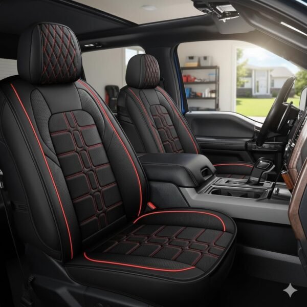 sit3 Red Stitch Truck Seat Covers Fits F150 2015-2023 Faux Leather Cushion Compatible with Ford F150 Crew Cab, Front Seats Only