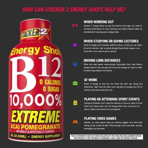 Stacker 2 Vitamin B Complex B12 B6 B3 Liquid Energy Shots - Vegan Cyanocobalamin, 10,000% DRV - B-6 Pyridoxine 40mg - B3 Niacinamide (Niacin) 20mg (2oz, Pack of 24)