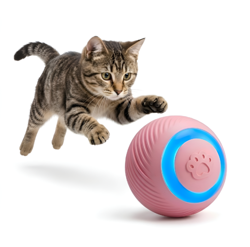 Interactive cat toy ball with automatic rolling and LED lights, pink