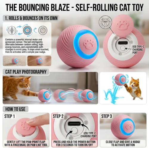 Automatic rolling LED cat toy ball, pink - photo 3