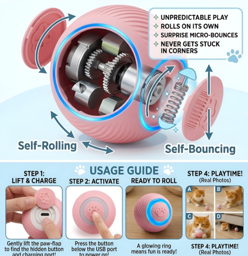 Automatic rolling LED cat toy ball, pink - photo 4
