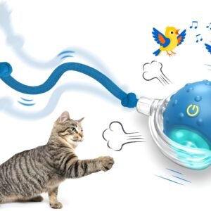 Self rolling cat toy ball with chirping sound and rope