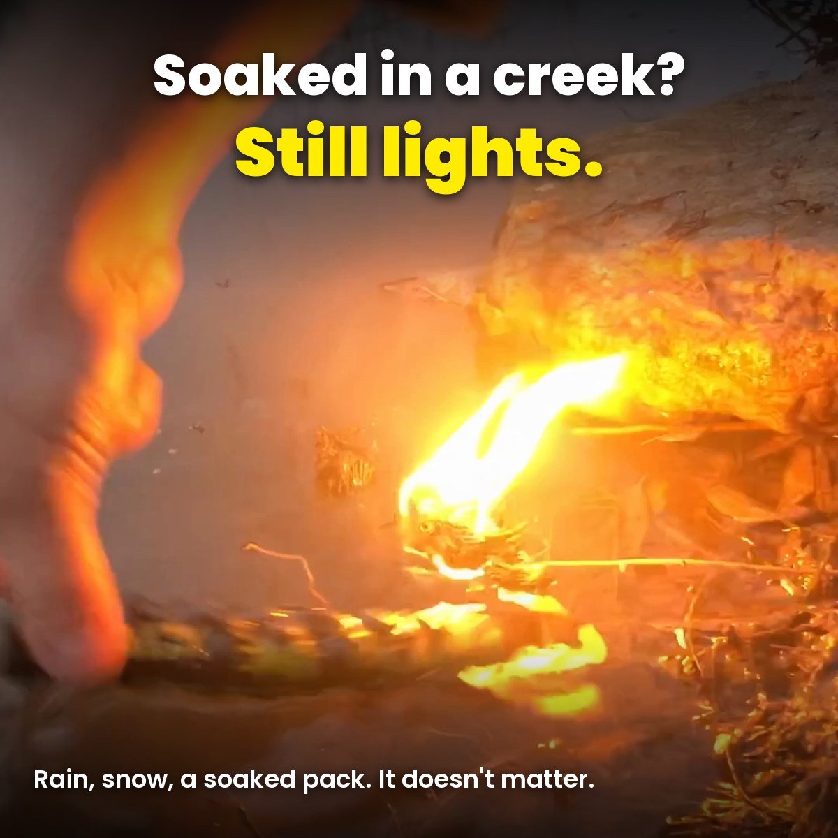 Black Beard fire starter rope lit after being soaked in a creek