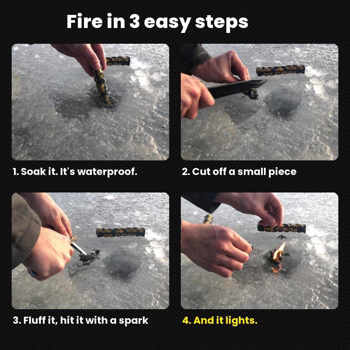 How to use Black Beard fire starter rope: soak, cut a piece, fluff, spark, and it lights