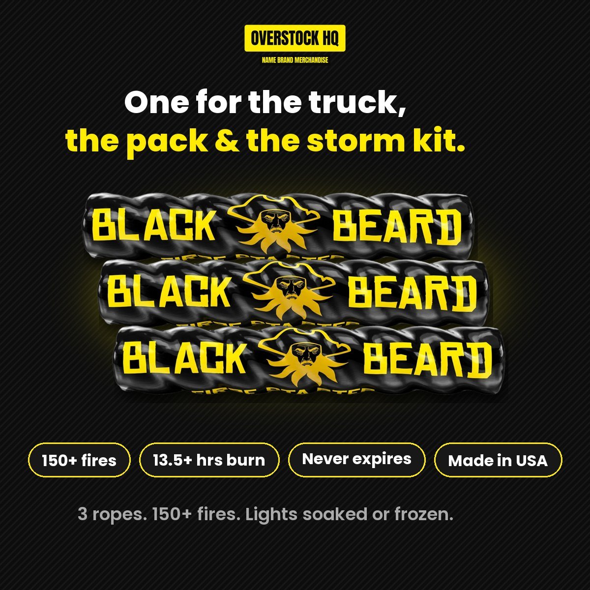 Black Beard Fire Starter Rope 3-Pack: 150+ fires, never expires, made in USA