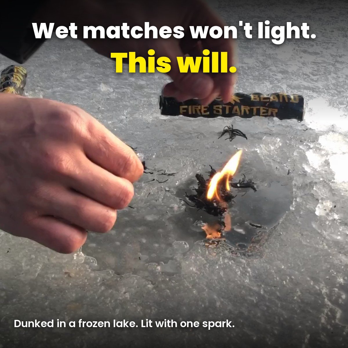 Black Beard fire starter rope lit on a frozen lake after being dunked in ice water
