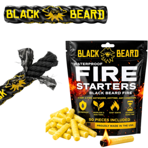 Black Beard fire starter combo pack with waterproof fire starter rope and 50 yellow fire plugs