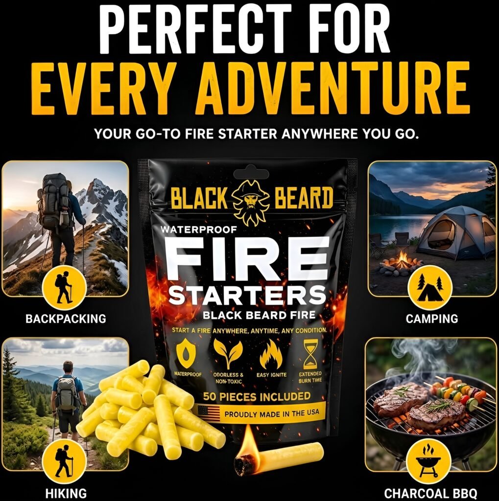 Black Beard Fire Plugs | 100% Weatherproof Fire Starter for Campfires | 100 Plugs | 2 Bags Black Beard waterproof fire starters for backpacking, camping, hiking and charcoal BBQ