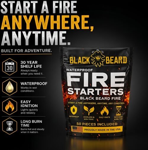 Black Beard waterproof fire starters with 30-year shelf life, easy ignition and long burn time