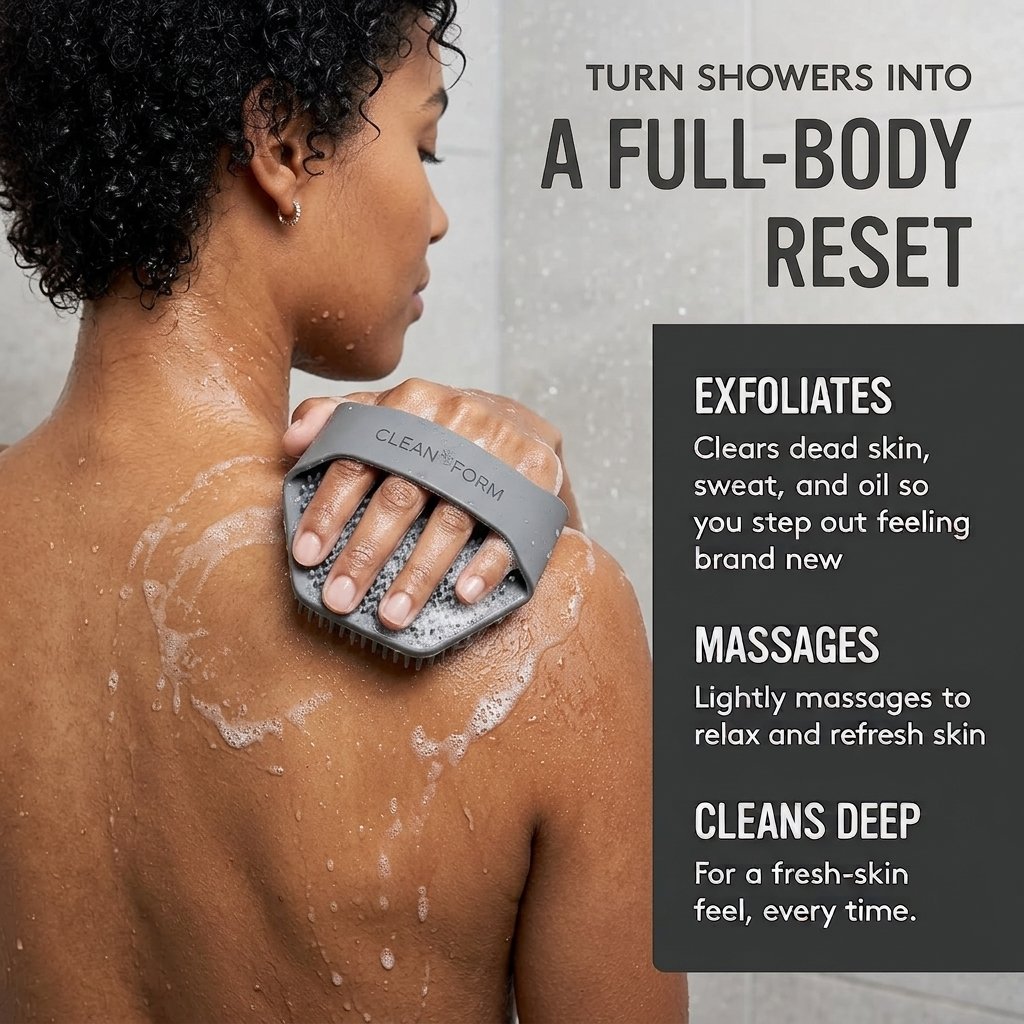Clean Form silicone body scrubber used in the shower