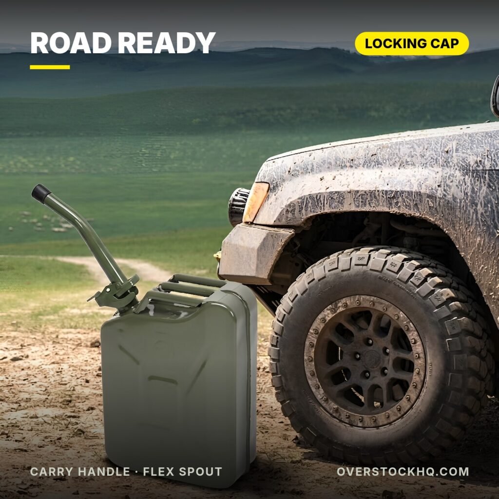 Army green 20L jerry can next to an off-road truck