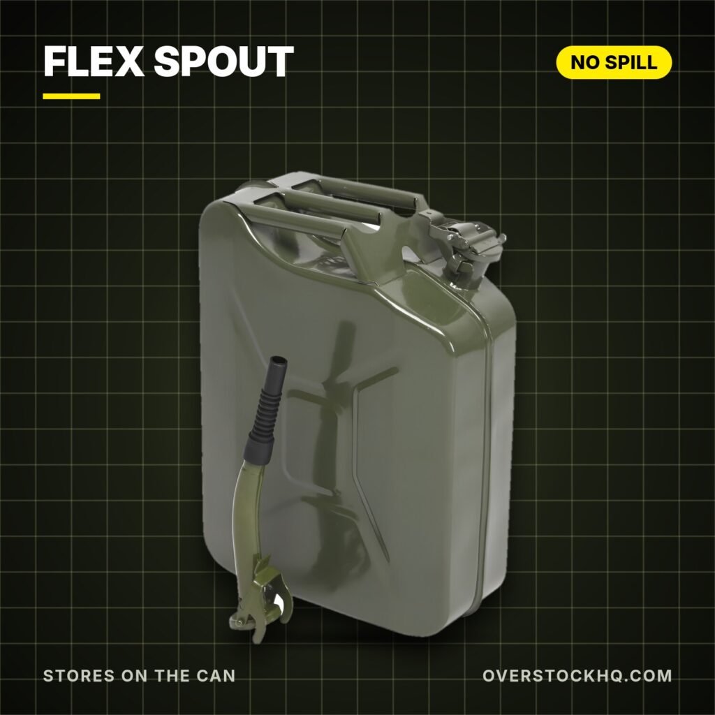 Steel jerry can with flexible spout stored on the back